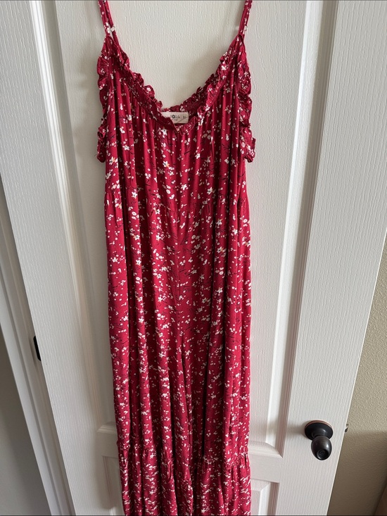 NATURAL LIFE Pants - Red Floral Maxi Jumpsuit with Spaghetti Straps and ruffled neckline